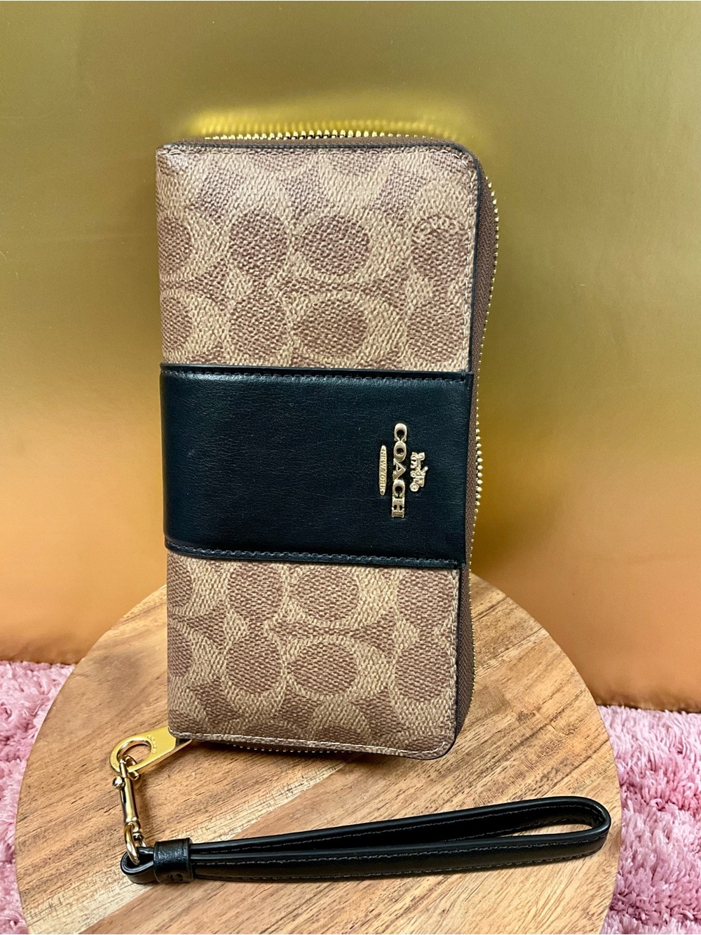 Coach Signature Brown and Black Zip Wallet Wristlet